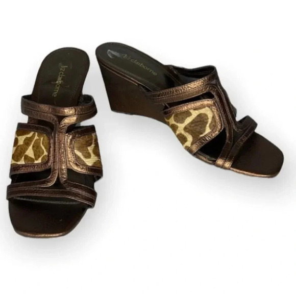 LIZ CLAIBORNE Giraffe Print Square Toe Wedge Sandals Metallic Bronze Size 7.5 - Picture 2 of 13